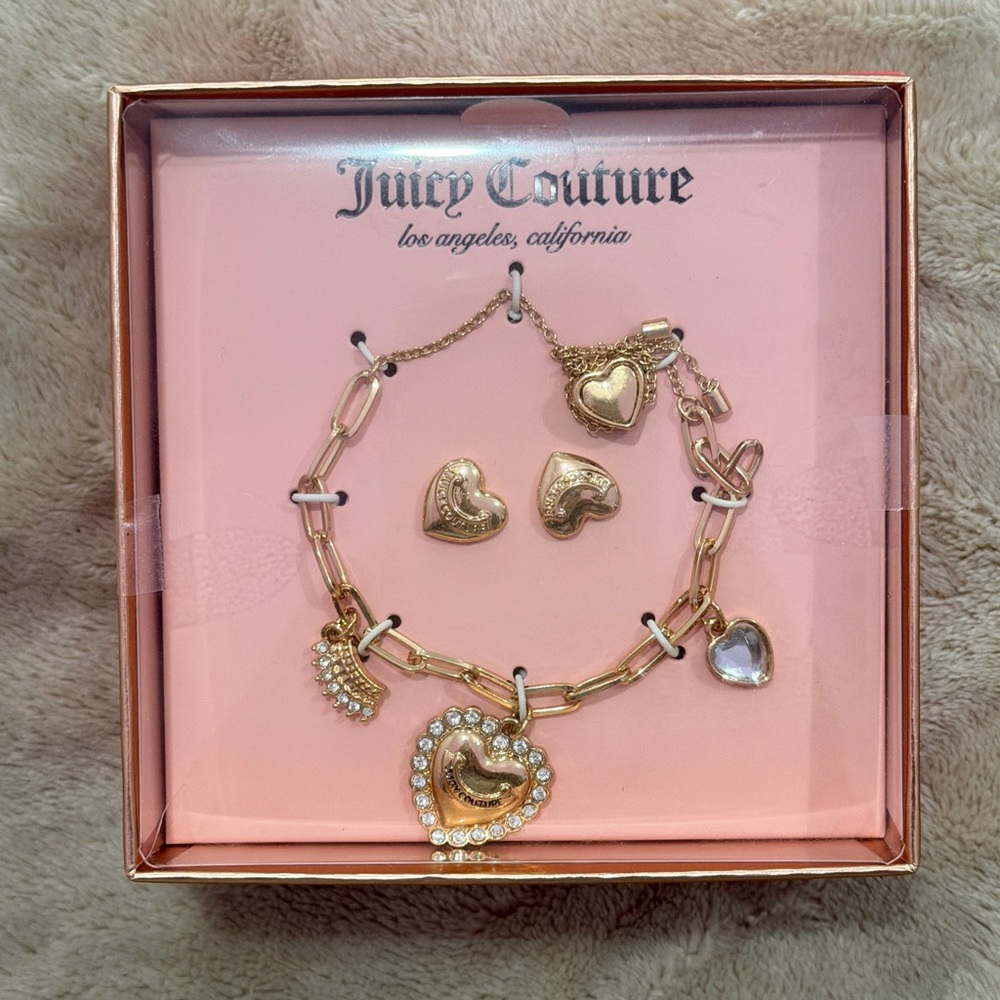 NEW Juicy Couture Gold Tone Heart Charm Bracelet Stud Earring Jewelry‎ Gift Set